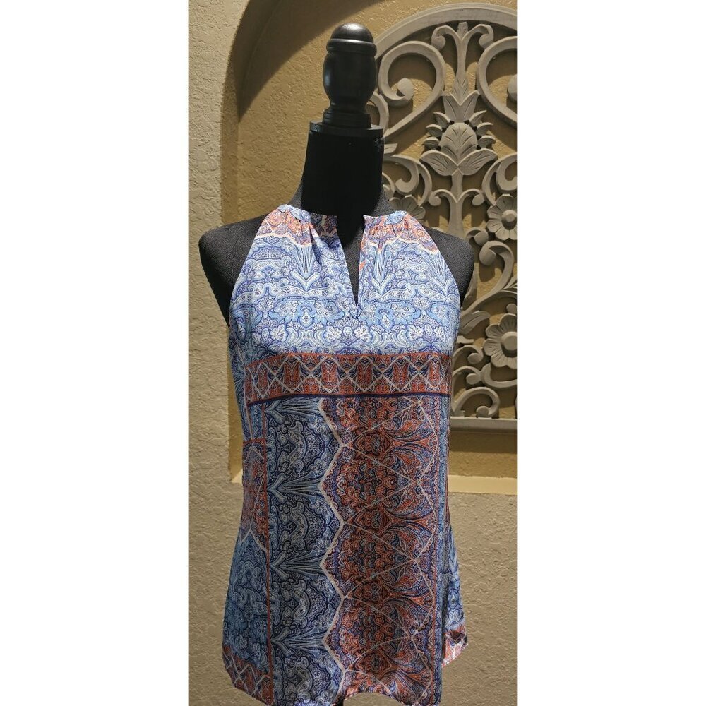 St. Tropez Sleeveless Blue & Orange Halter Neck Paisley Print Women's Top